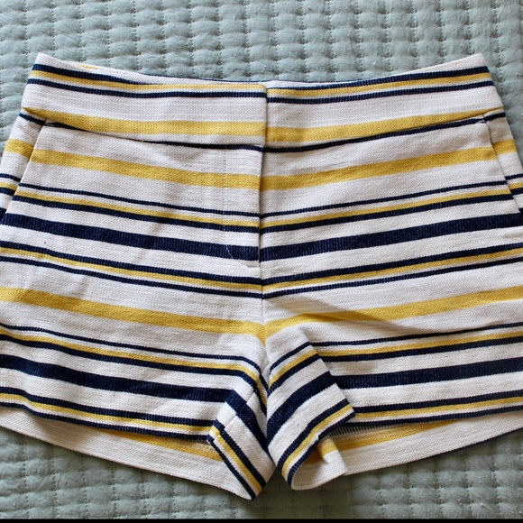 Cream, Yellow, & Navy Blue Striped Flat Front Riviera Shorts - Picture 1 of 6